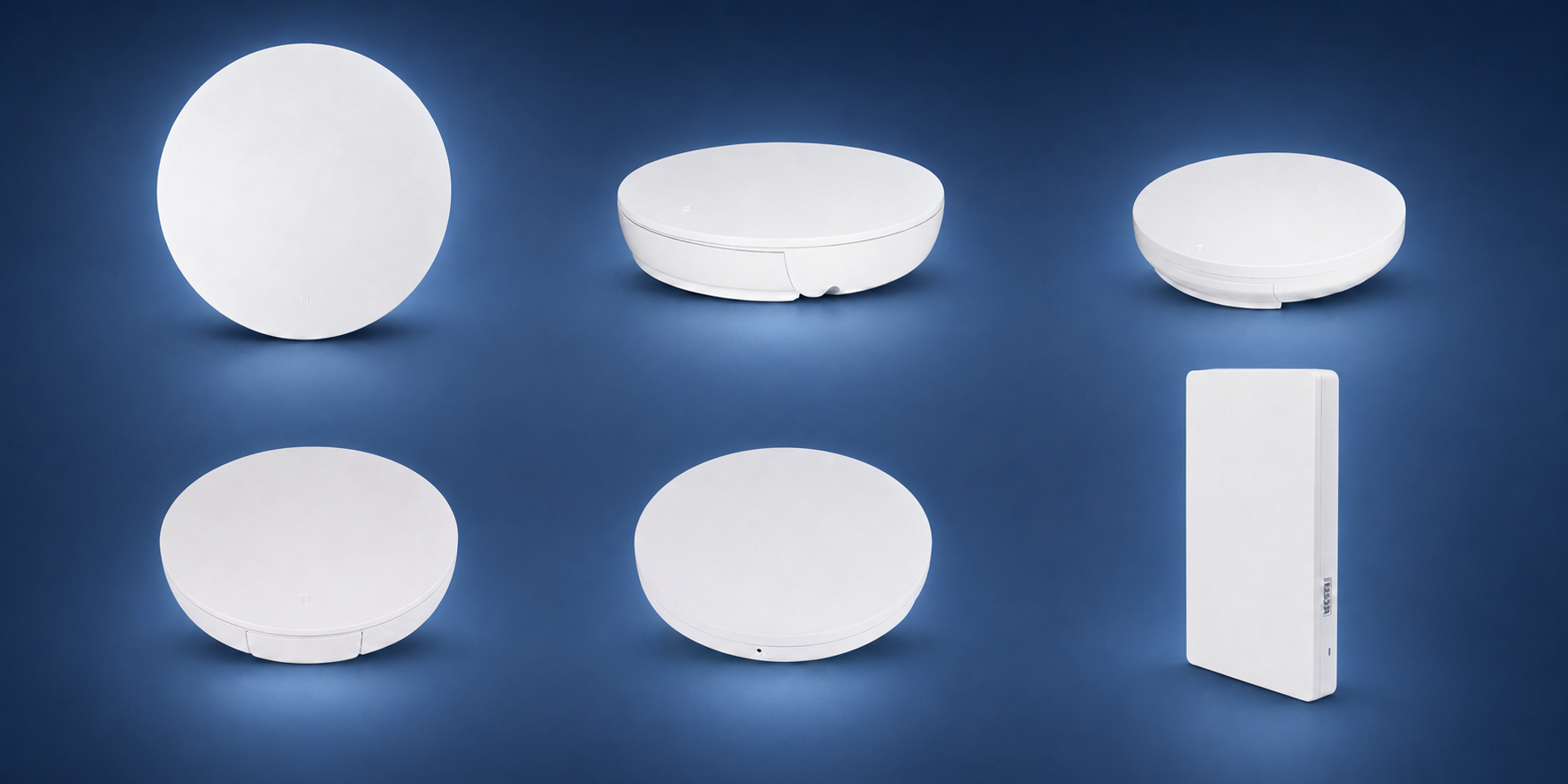 Six white Araknis access point options shown together against a blue studio background