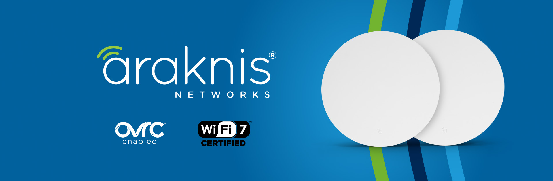 Araknis manufacturer artwork showing two white round Wi-Fi 7 indoor access points against a blue background