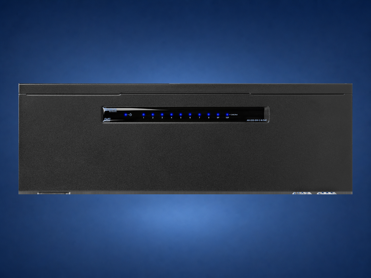 Araknis AN-220-SW-C-8-POE compact switch on blue