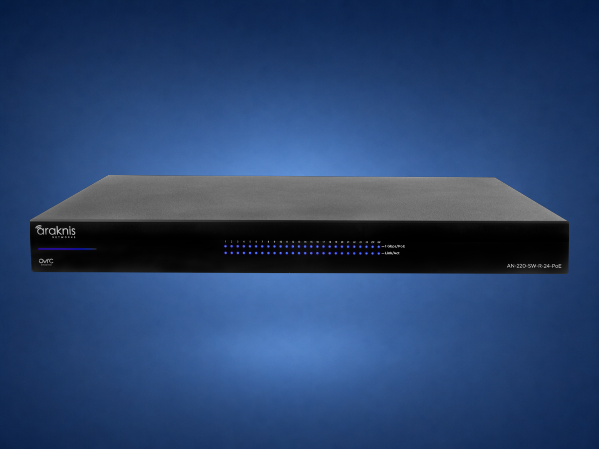 Araknis AN-220-SW-R-24-POE rack switch on blue