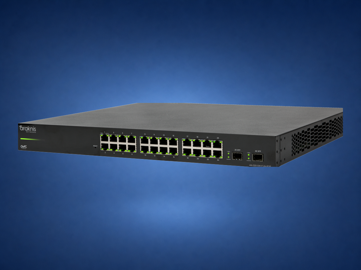 Araknis AN-320-SW-F-24-POE switch on blue