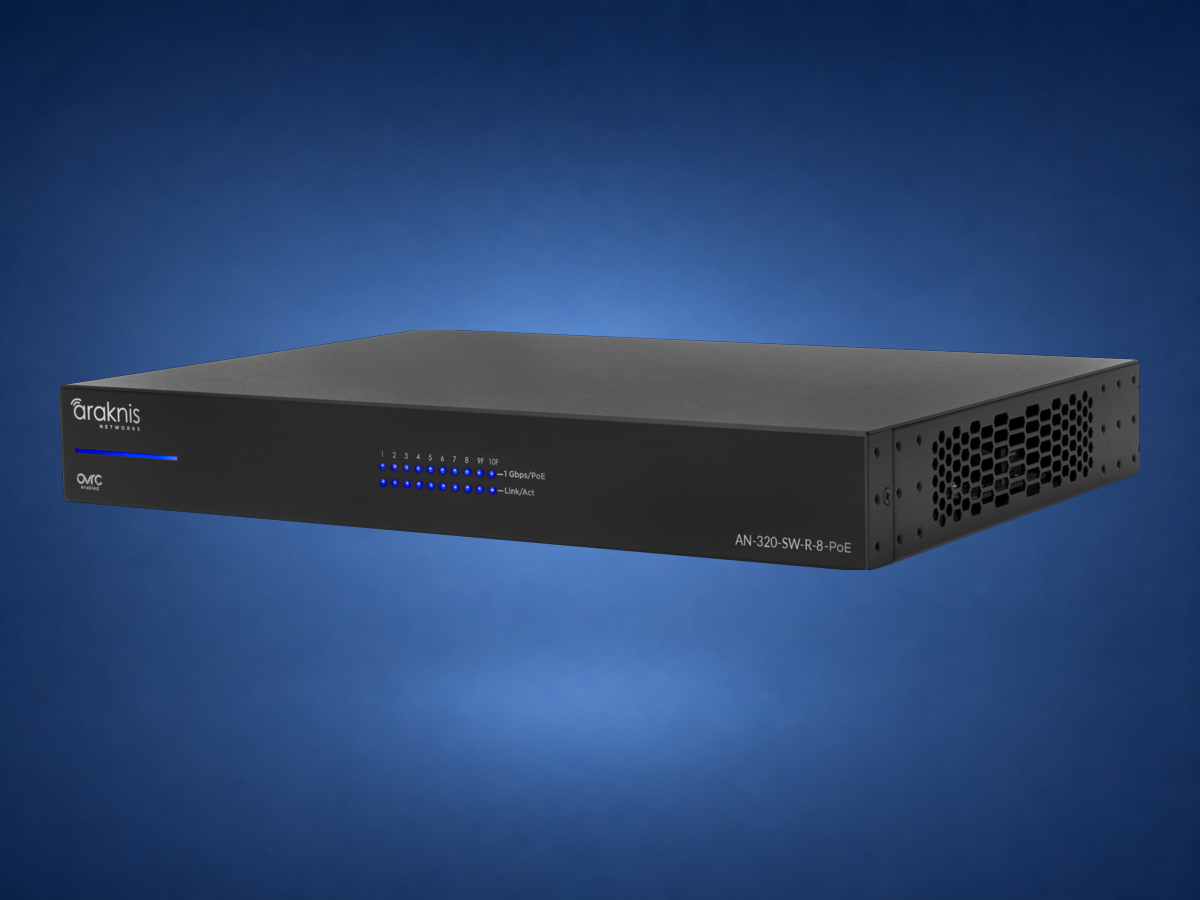 Araknis AN-320-SW-R-8-POE switch on blue