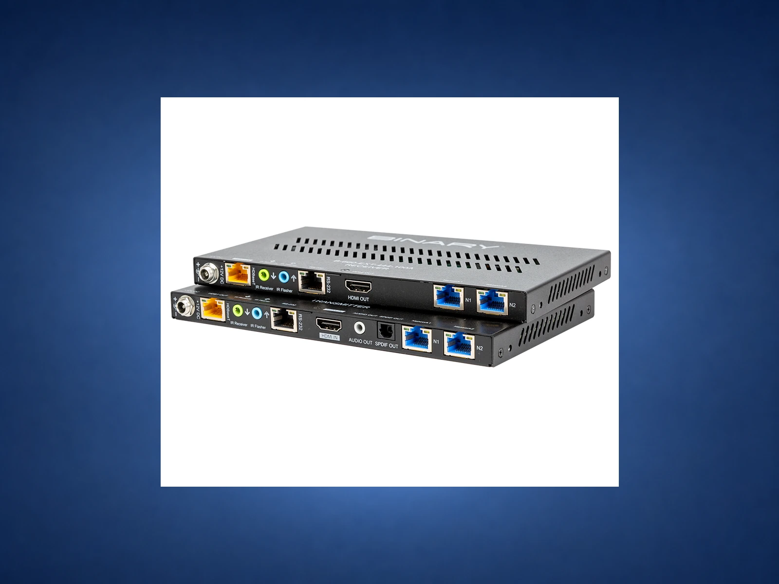 Binary 660 HDBaseT transmitter and receiver extender pair on blue