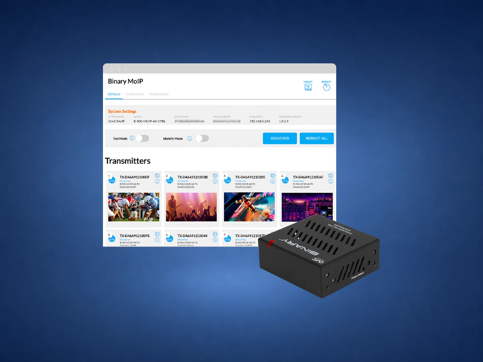 Binary MoIP controller and configuration interface on blue
