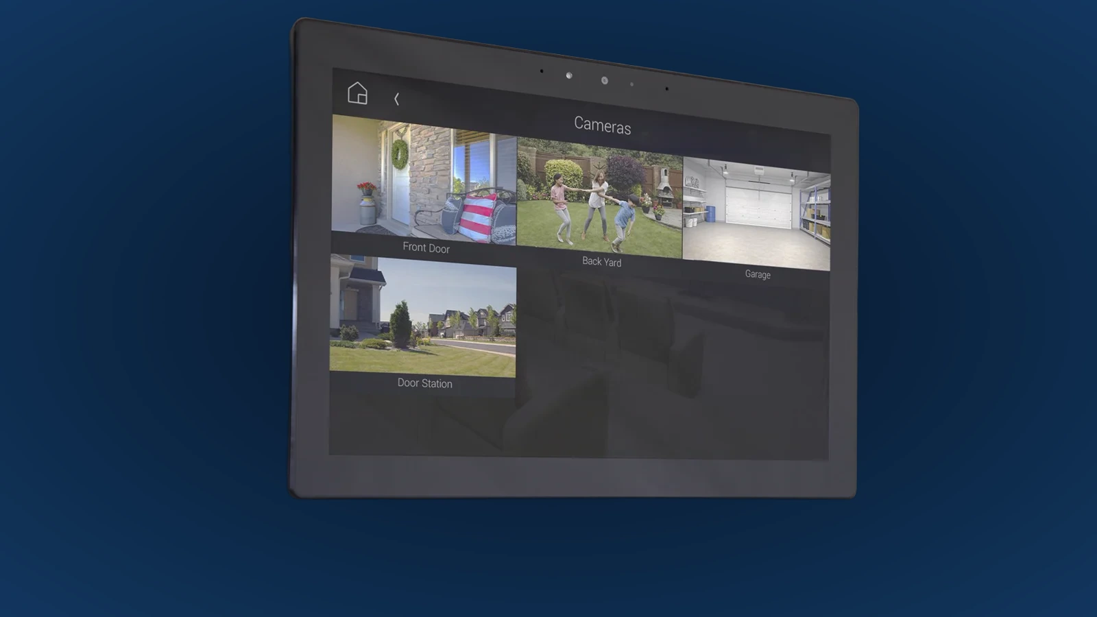 Control4 T4 in-wall touchscreen displaying front-door and security camera views