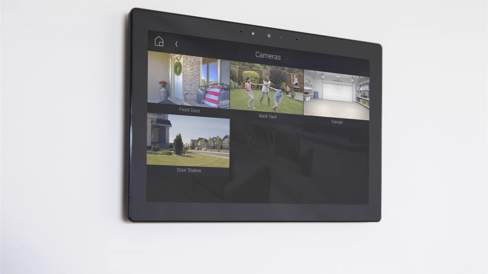 Control4 T4 in-wall touchscreen displaying front-door and security camera views
