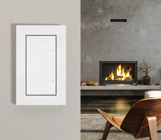 Control4 Lux Fireplace Switch beside a modern fireplace