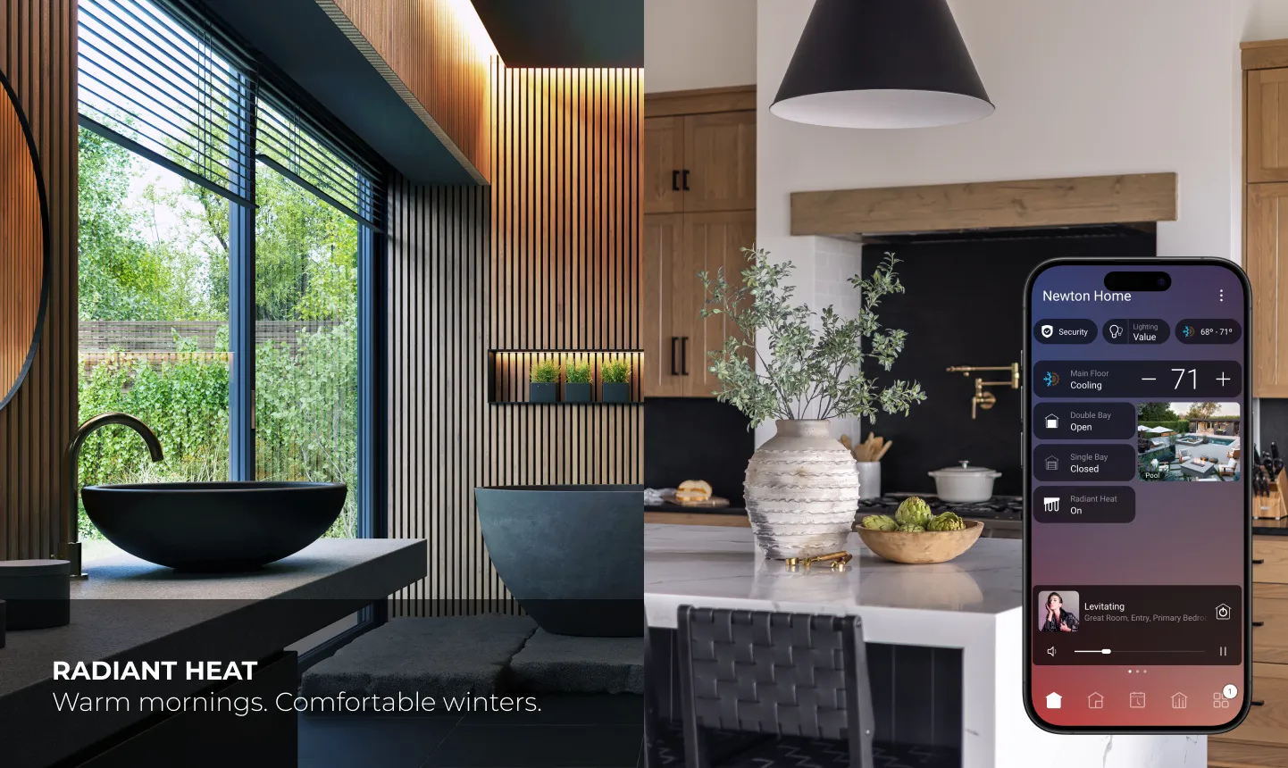 Control4 app controlling radiant floor heat in a luxury bathroom and kitchen