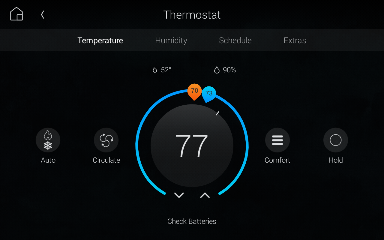 Control4 thermostat interface showing heating and cooling setpoints, humidity, schedule and hold controls