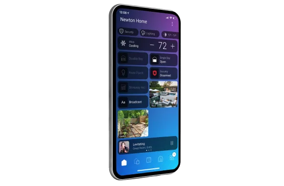 Control4 mobile app showing home status, lighting, temperature, security, cameras and music
