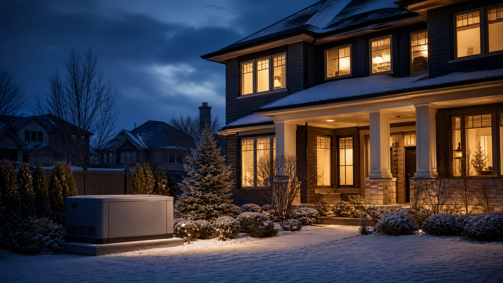 Professionally installed standby generator beside an illuminated Chicago-area home during a winter outage