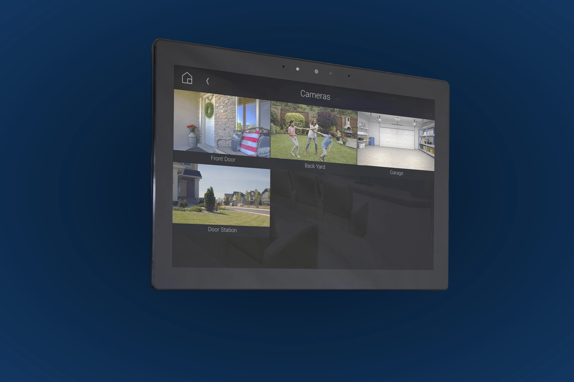 Control4 touchscreen displaying front door, backyard and garage camera views