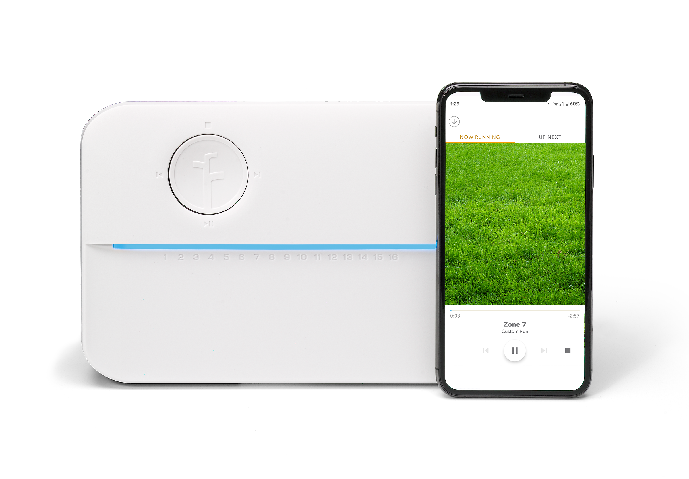 Rachio 3 smart irrigation controller beside its mobile zone controls