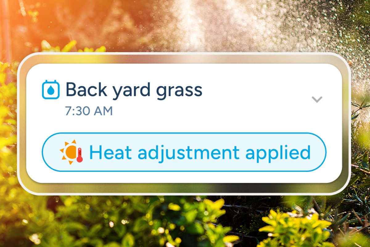 Rachio weather-aware schedule showing a heat adjustment for a backyard grass zone
