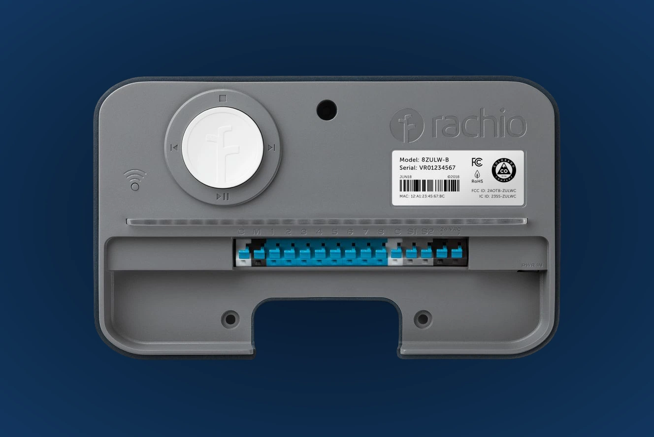 Rachio smart irrigation controller with the cover removed showing valve wire terminals