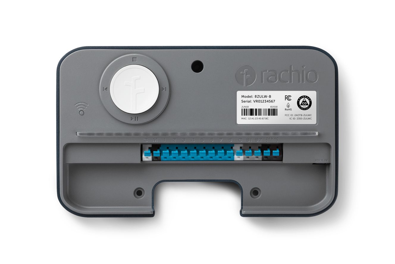 Rachio smart irrigation controller with the cover removed showing valve wire terminals