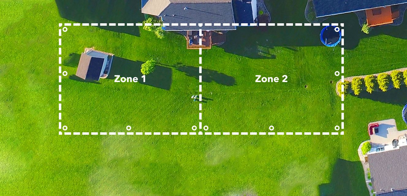 Aerial yard map divided into two clearly labeled irrigation zones