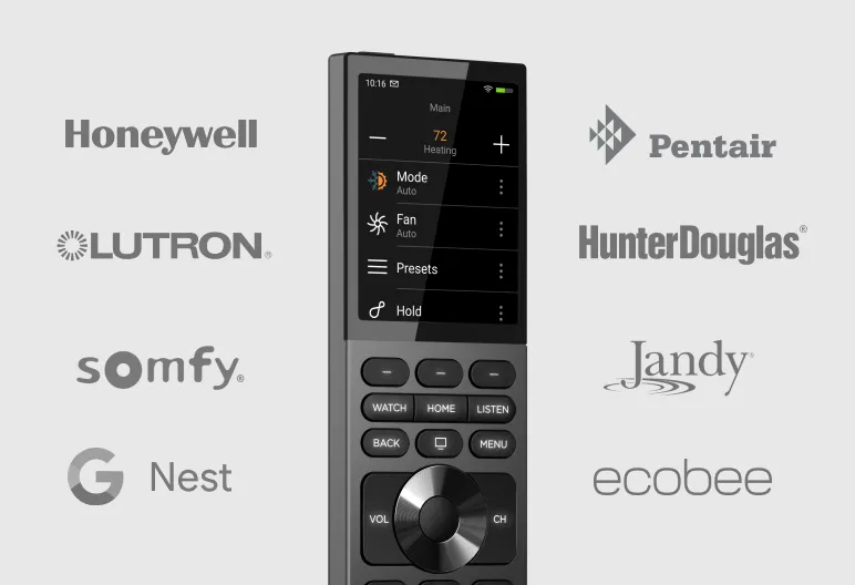 Control4 interface shown with compatible comfort brands including Pentair and Jandy