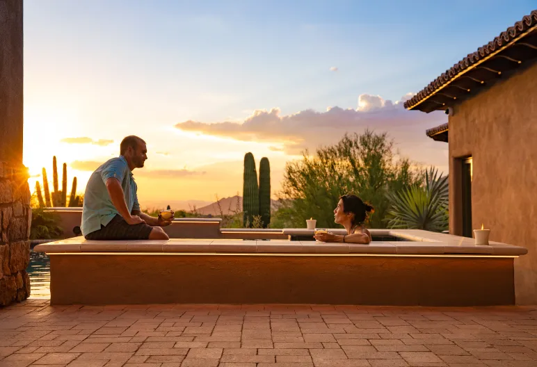 Luxury outdoor spa at sunset controlled as part of the smart home