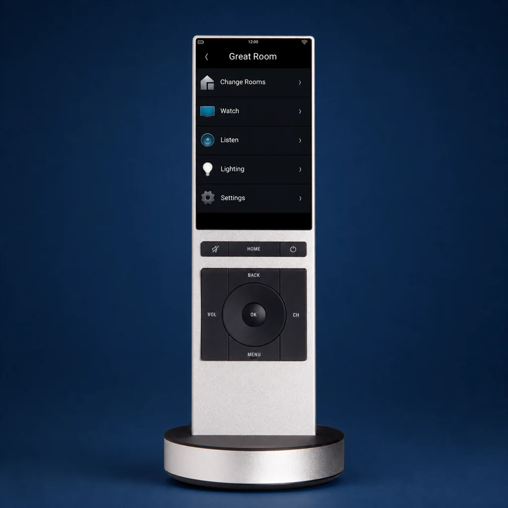Silver Control4 Neeo remote and charging dock