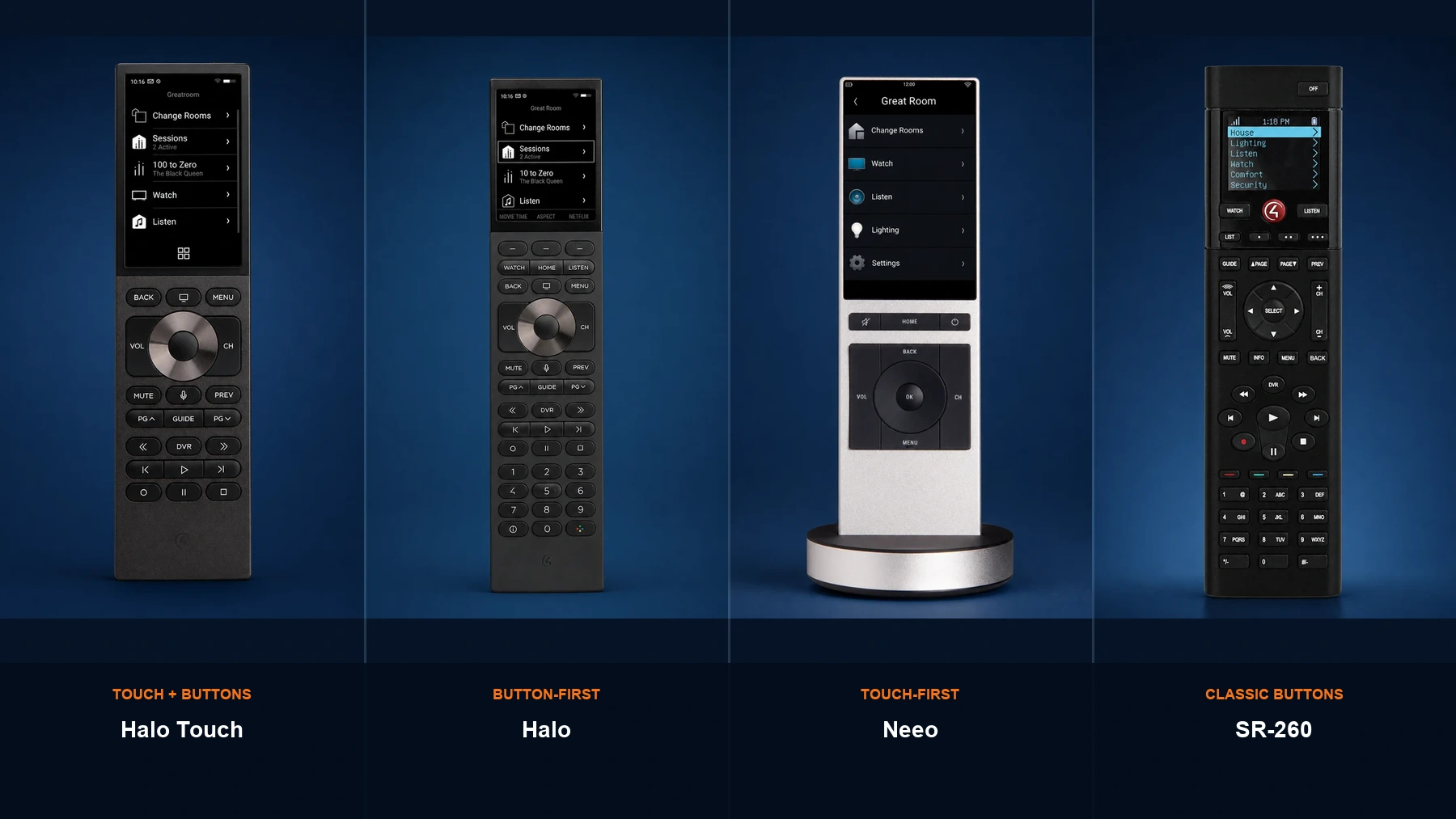 Control4 Halo Touch, Halo, Neeo and SR-260 remotes fully visible side by side with clear labels