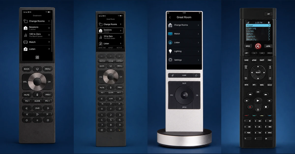 Control4 Halo Touch, Halo, Neeo and SR-260 remotes presented side by side on a dark blue studio background