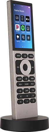 Silver Control4 Halo Touch remote standing in its charging dock