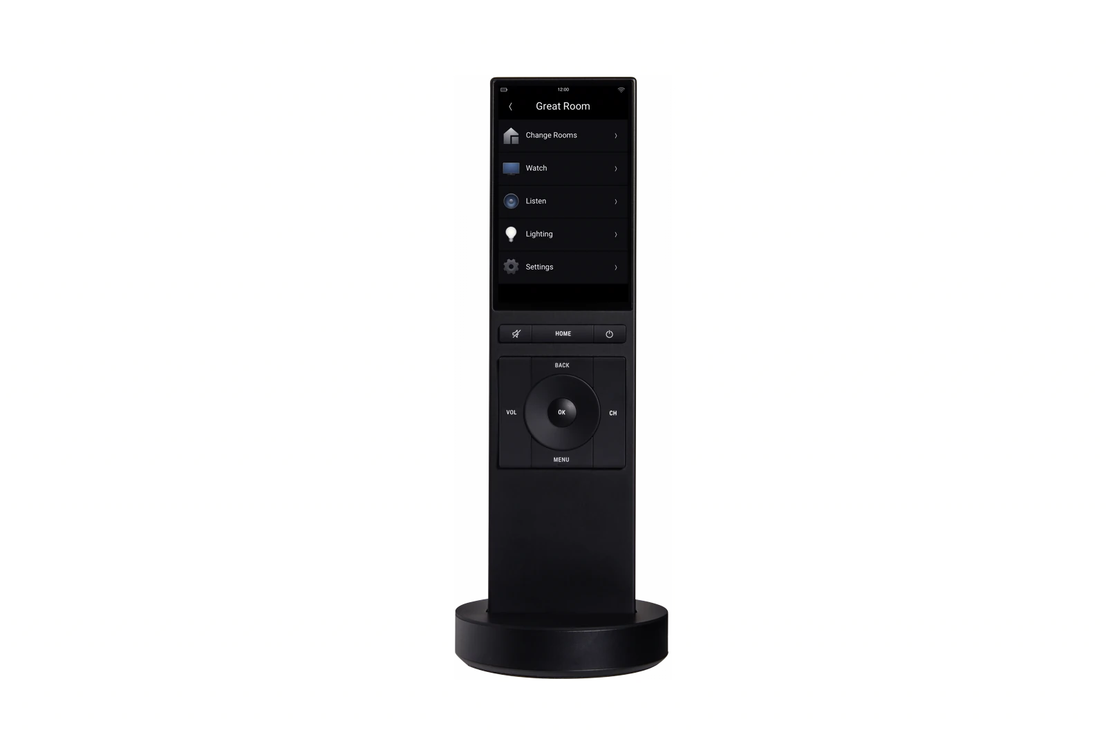 Front view of the black Control4 NEEO touchscreen remote