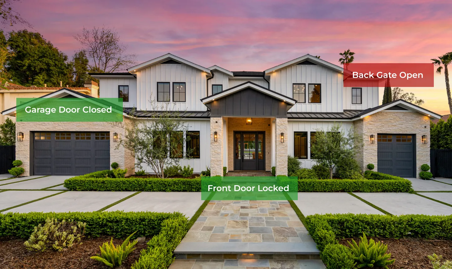 Whole-home security status showing garage closed, front door locked and back gate open