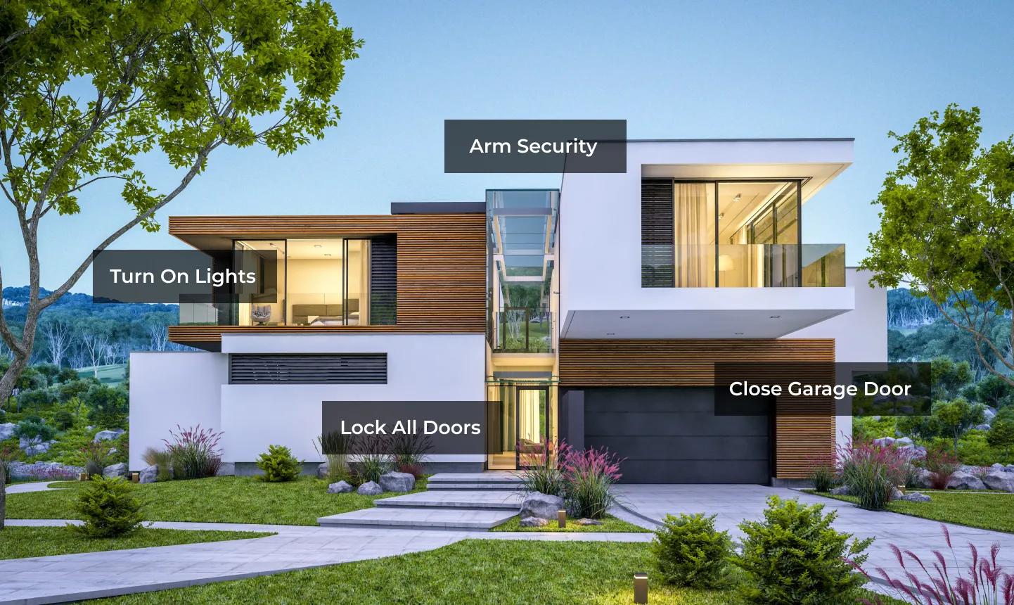 Modern home with Control4 security scene actions for lights, alarm, locks and garage door