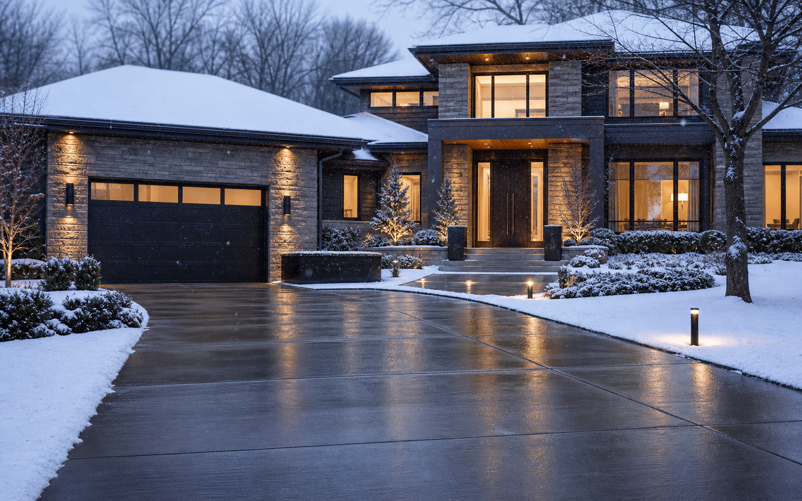 Luxury Chicago-area home with a heated driveway and walkway melting fresh snow at blue hour