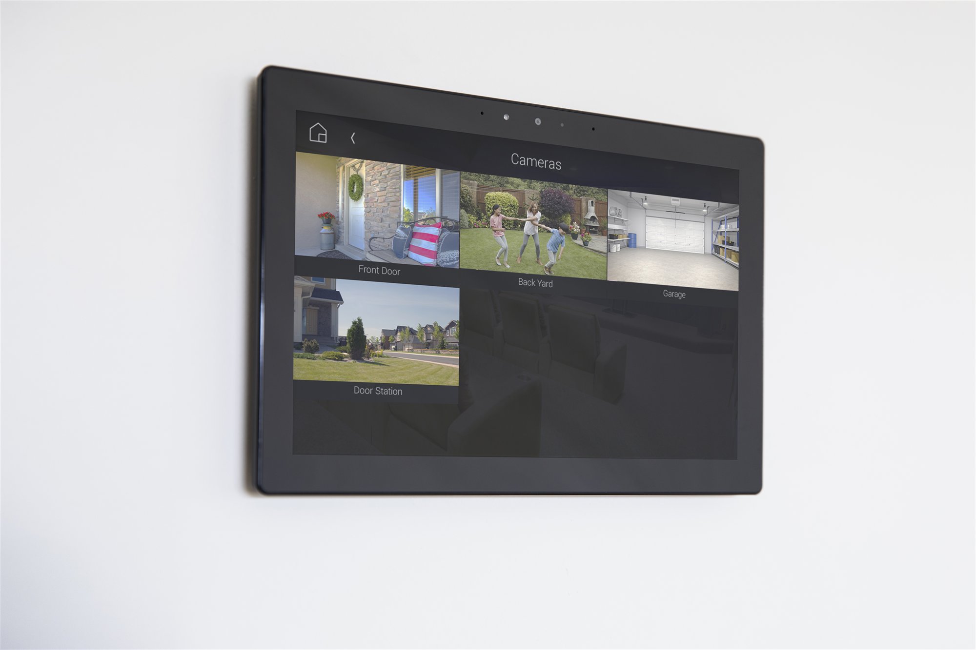 Control4 T4 in-wall touchscreen displaying multiple security camera views