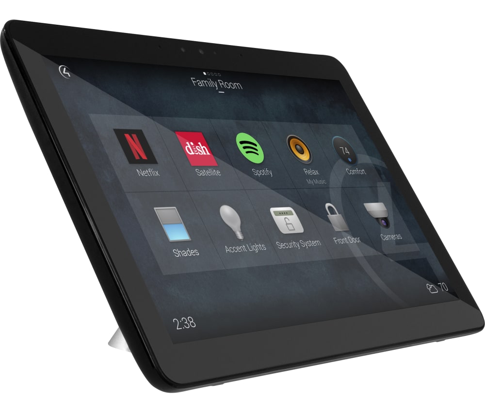 Complete black Control4 T4 10-inch tabletop touchscreen, viewed from the front at an angle