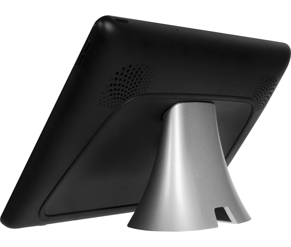 Rear of a black Control4 T4 10-inch tabletop touchscreen showing its charging base