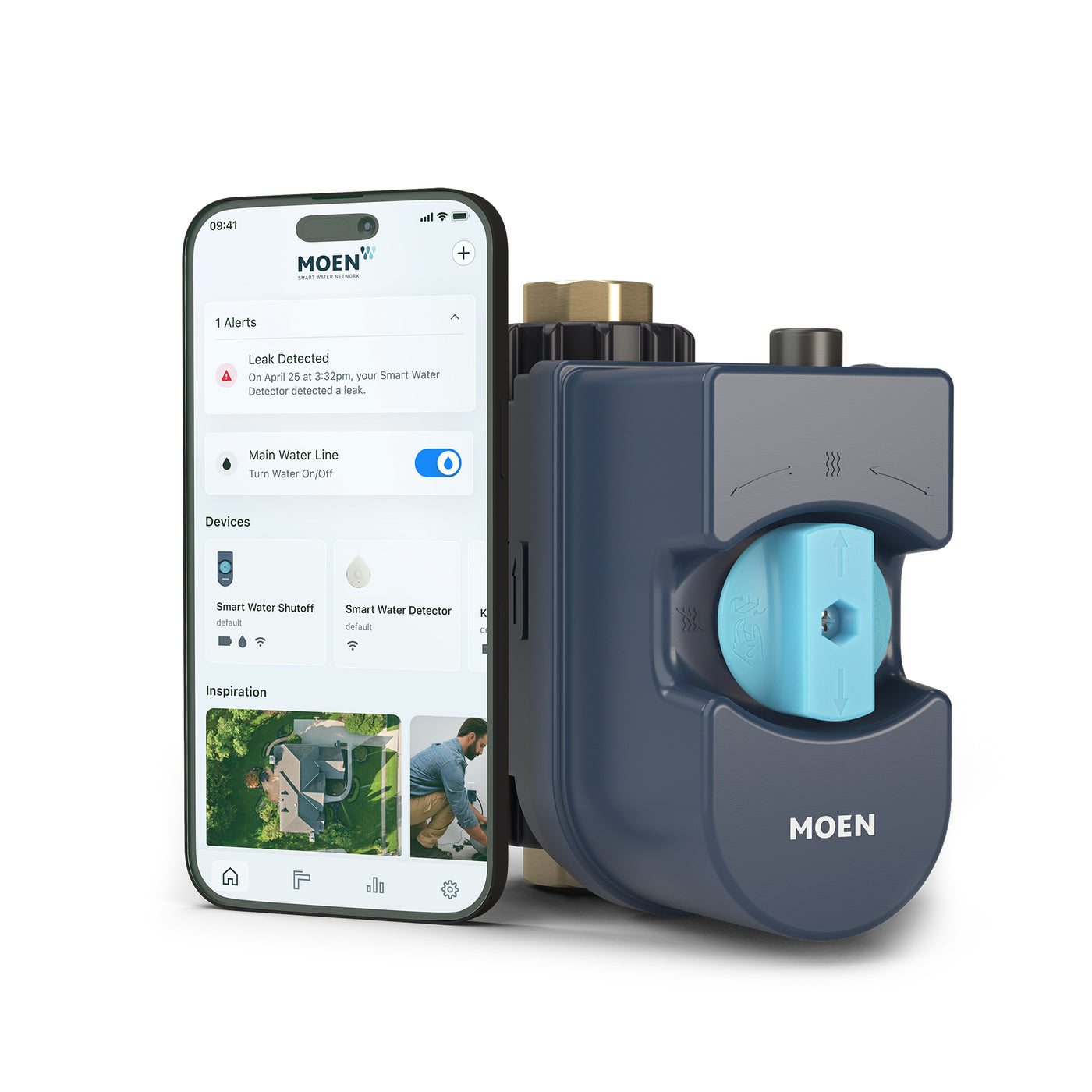 Flo Smart Water Monitor and Shutoff beside its mobile water-leak alert interface