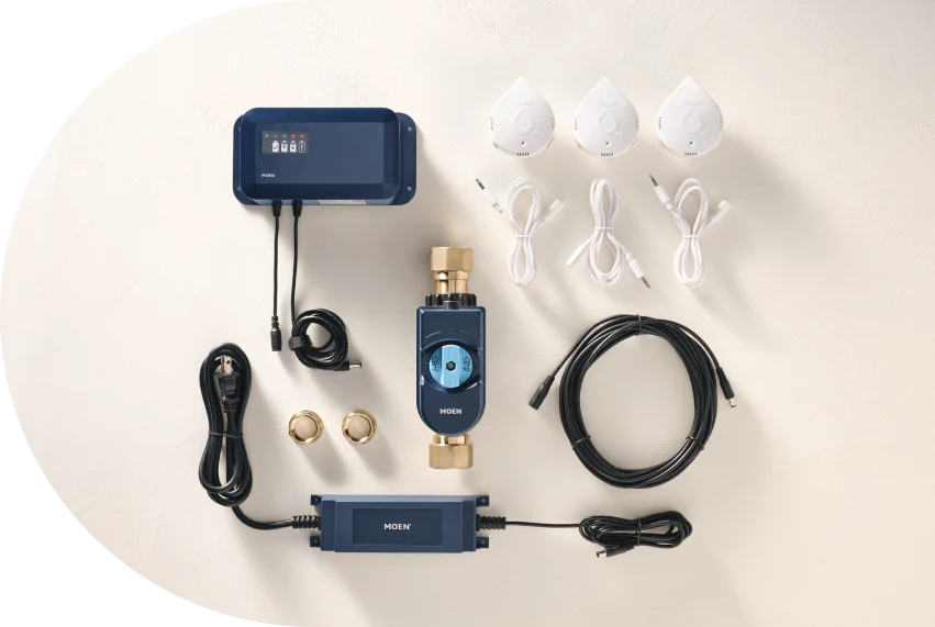 Whole-home water shutoff kit with three remote leak detectors and cables