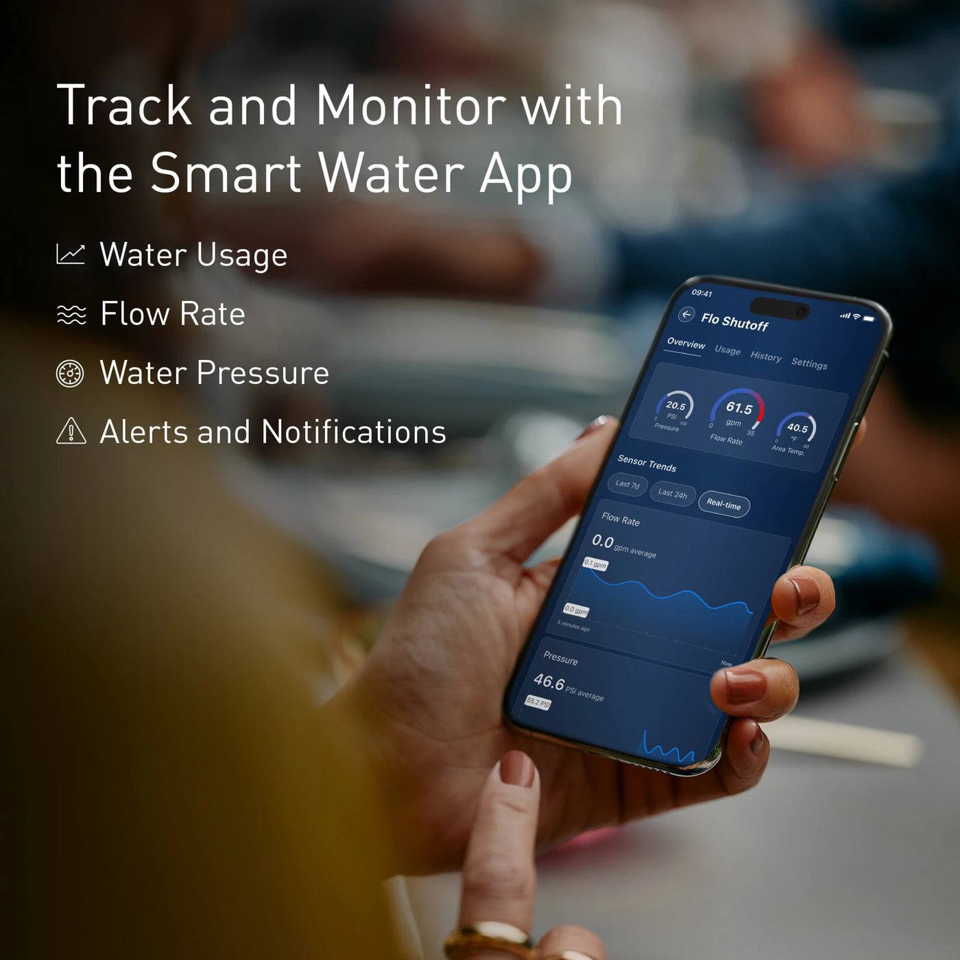Smart water app showing usage, flow, pressure and alert information