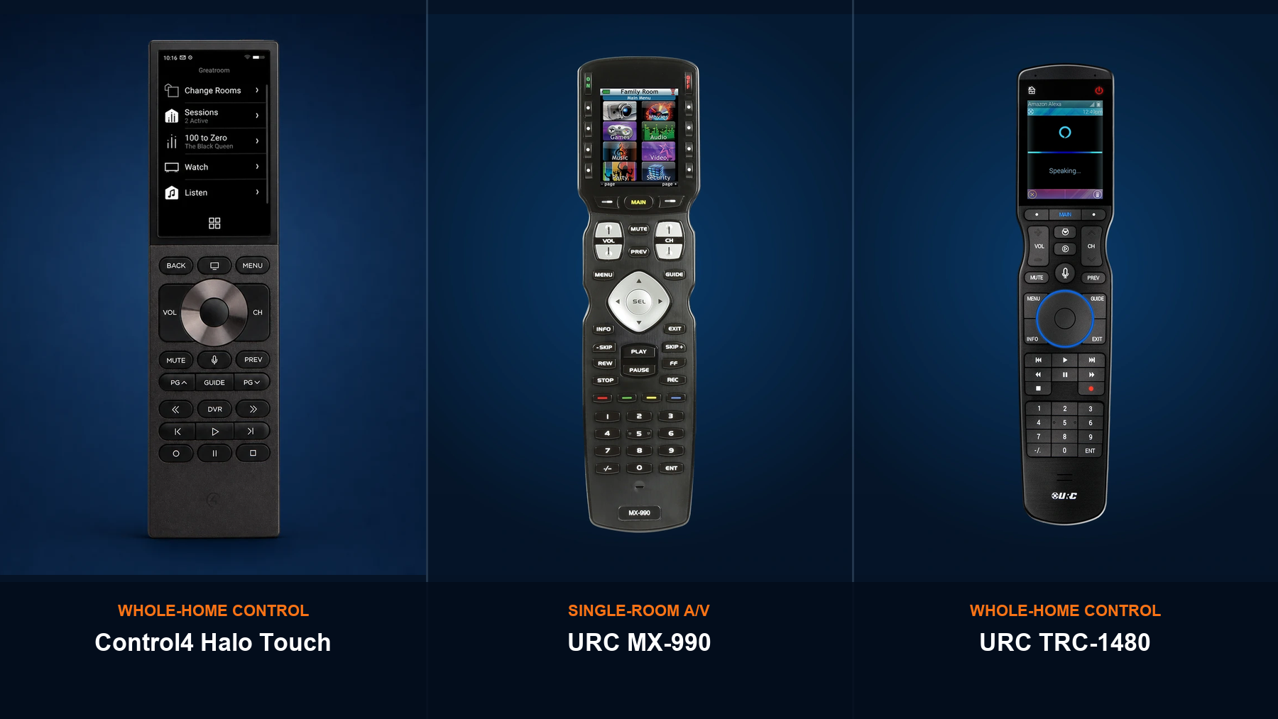 Real Control4 Halo Touch, URC MX-990, and URC TRC-1480 remotes shown fully with clear spacing