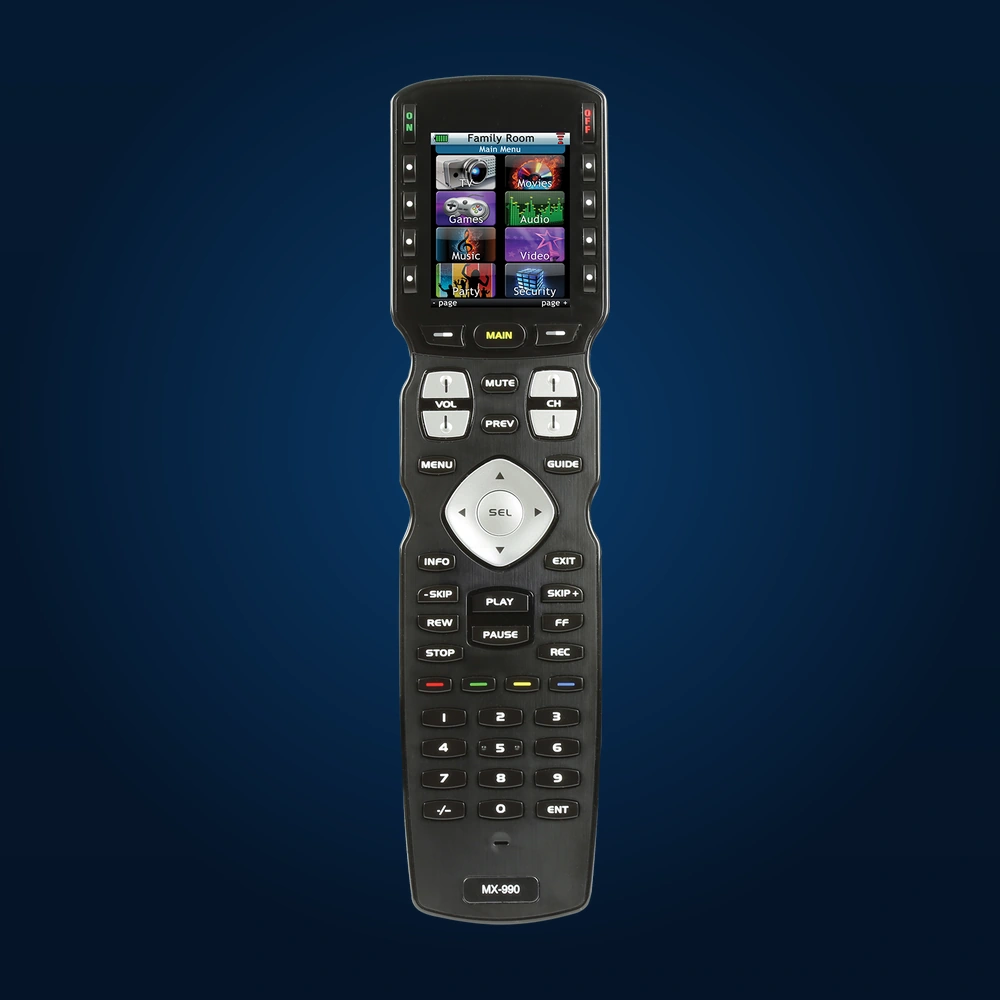 Official URC MX-990 Complete Control remote on a dark blue studio background