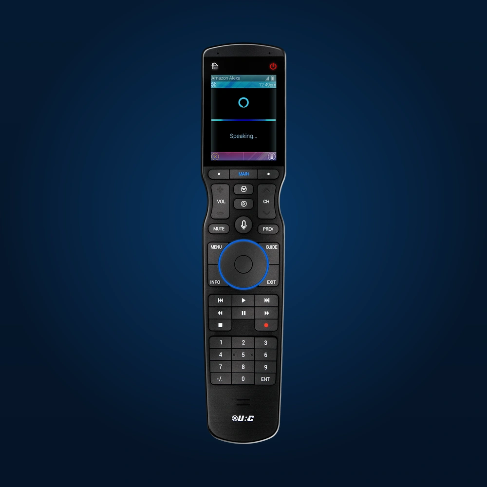 Official URC TRC-1480 Total Control remote on a dark blue studio background