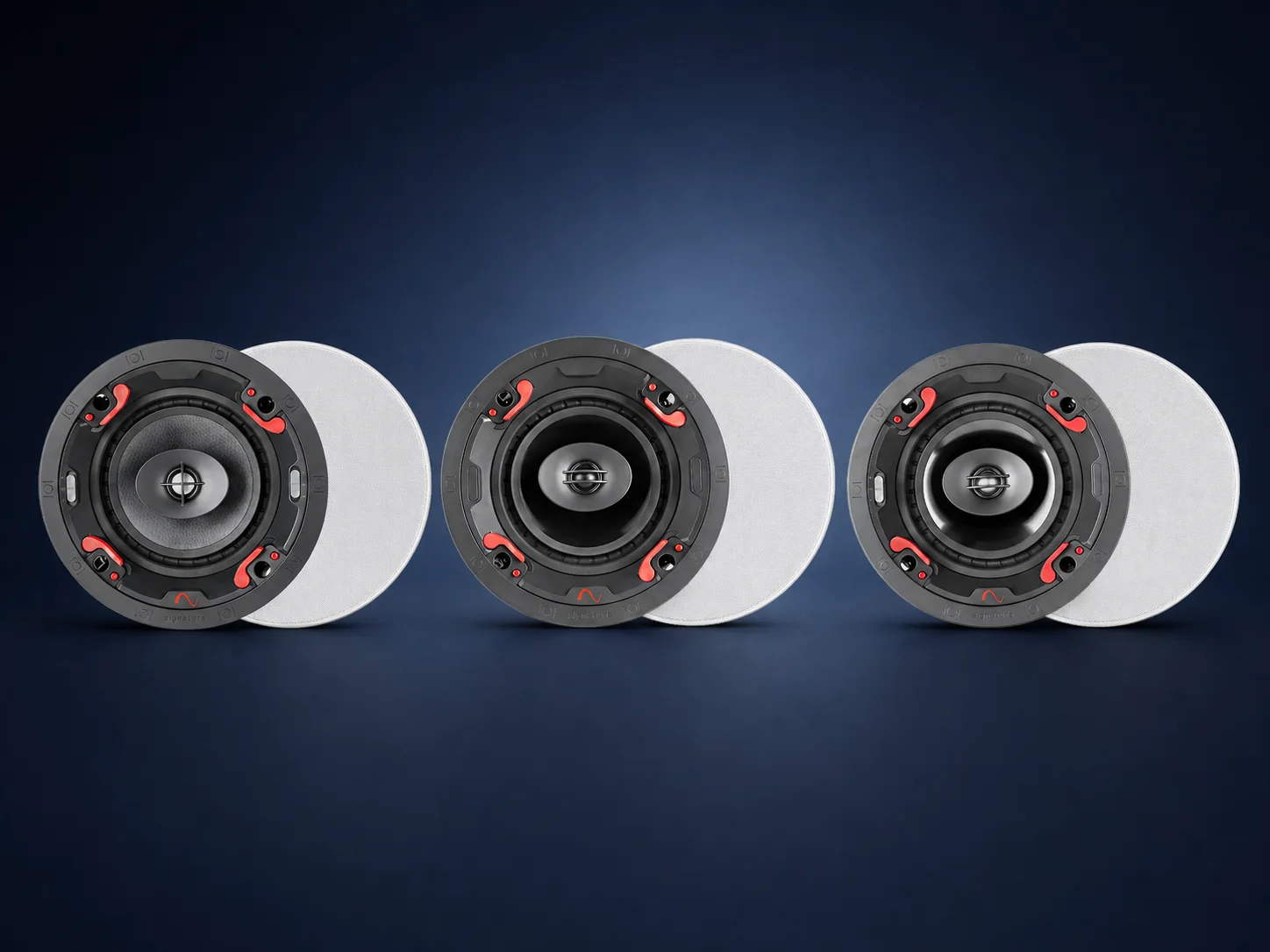 Three Signature by Episode in-ceiling speaker tiers arranged on a dark blue studio background