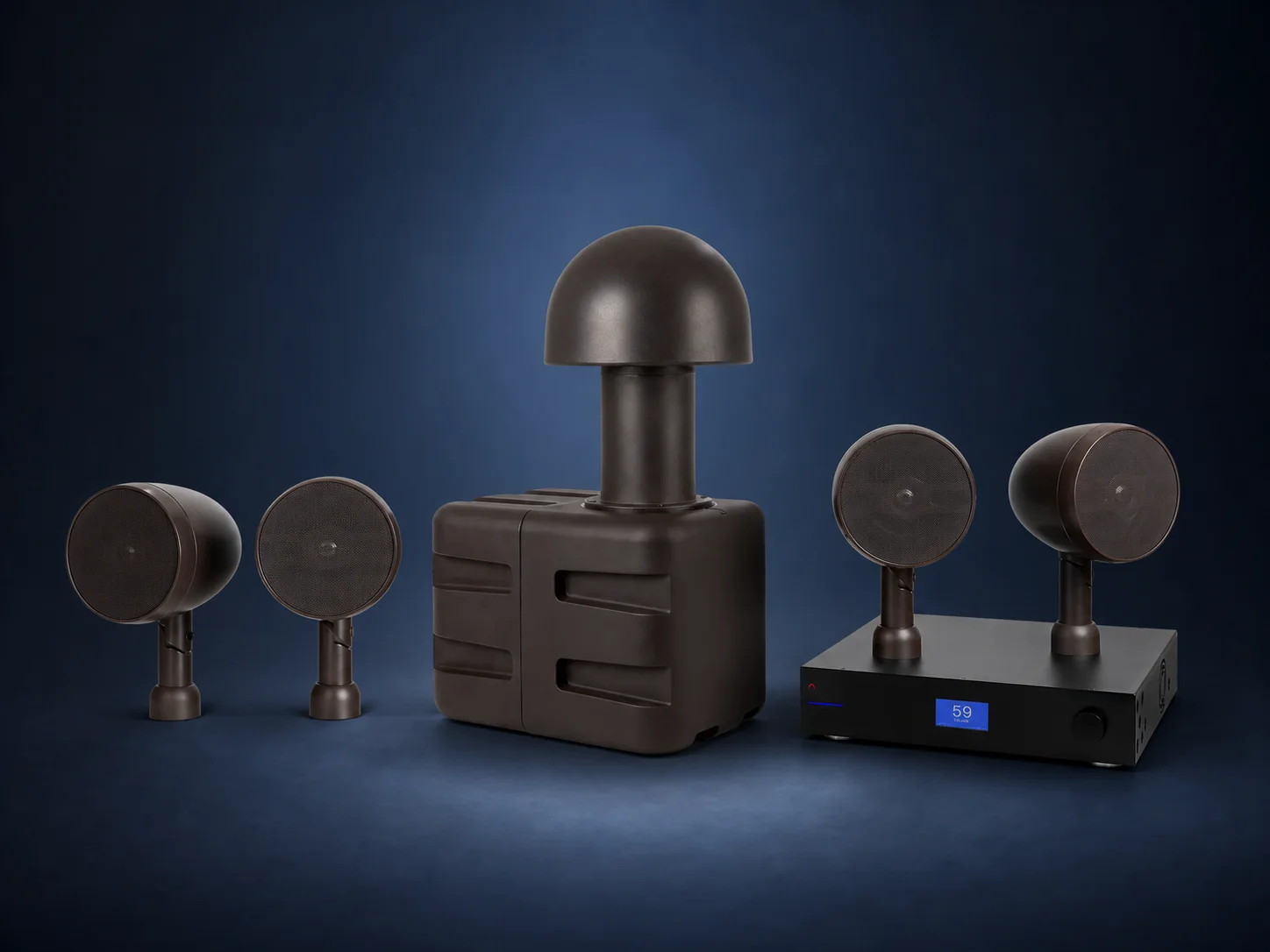 Episode Surroundscape satellites, burial subwoofer and DSP amplifier on a dark blue studio background