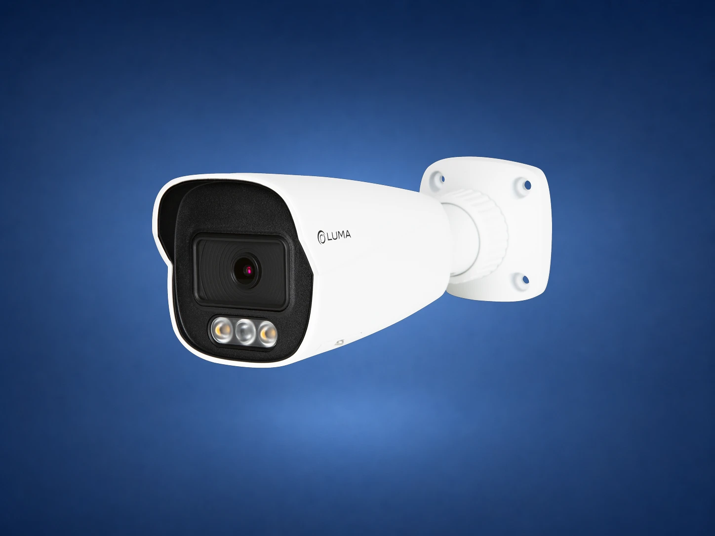 Luma 520 Series 5MP 24/7 color bullet camera on blue