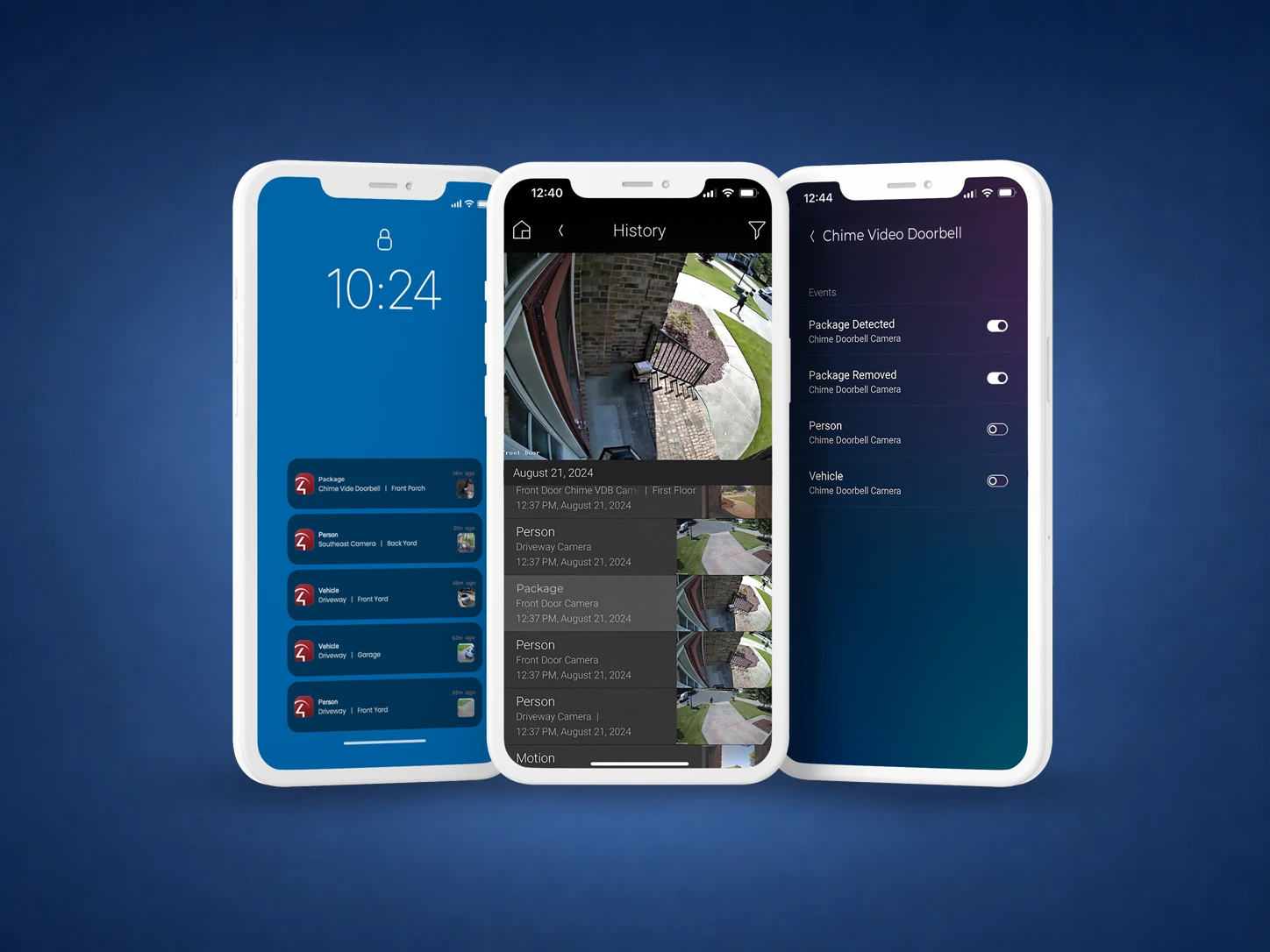 Luma Insights mobile alerts showing package, person and vehicle events