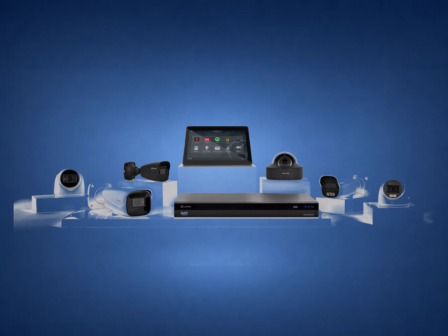 Luma X20 camera and recorder family on a blue studio background