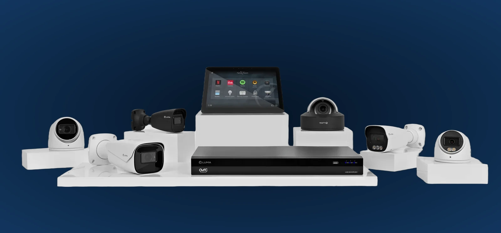 Luma cameras, network video recorder and smart-home touchscreen shown as a complete surveillance system