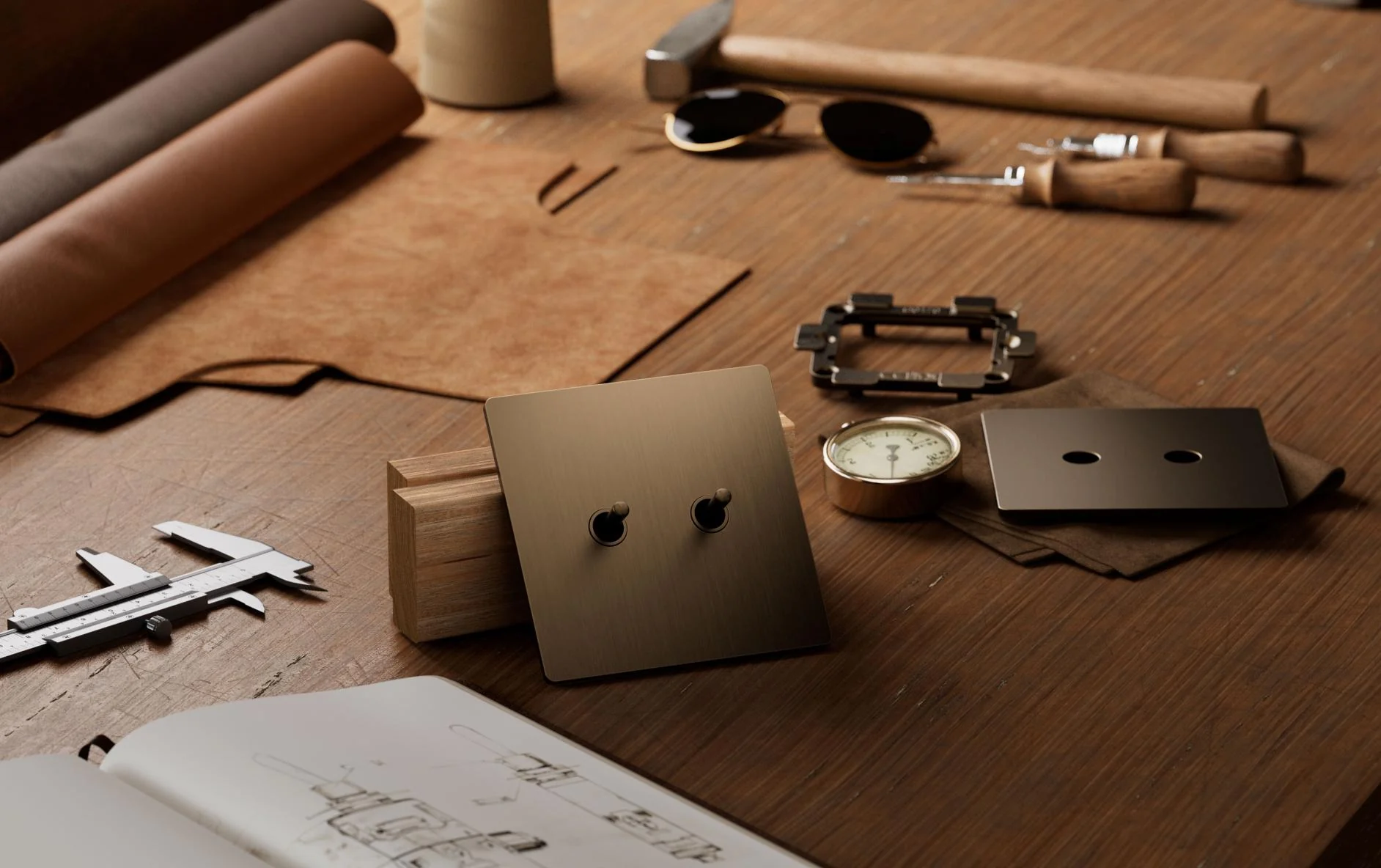 Aviena keypad faceplate with artisan tools and metal finish samples