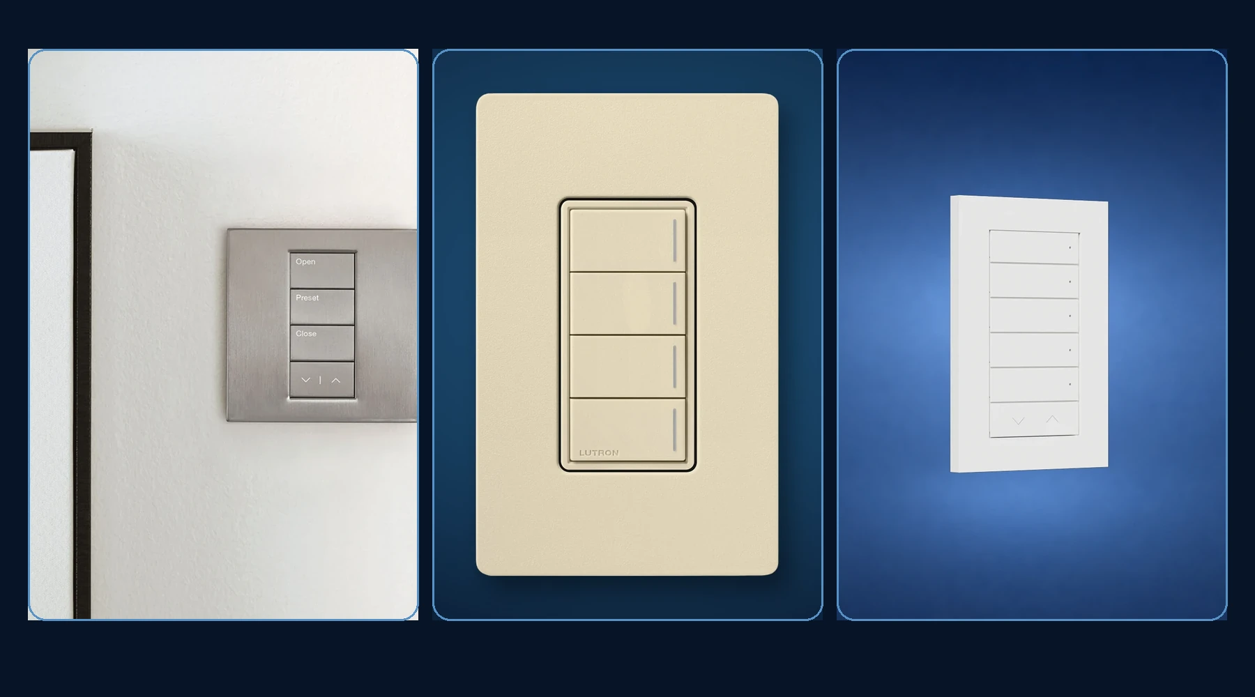 Lutron Palladiom, Lutron Sunnata and Lux by Control4 lighting keypads shown side by side