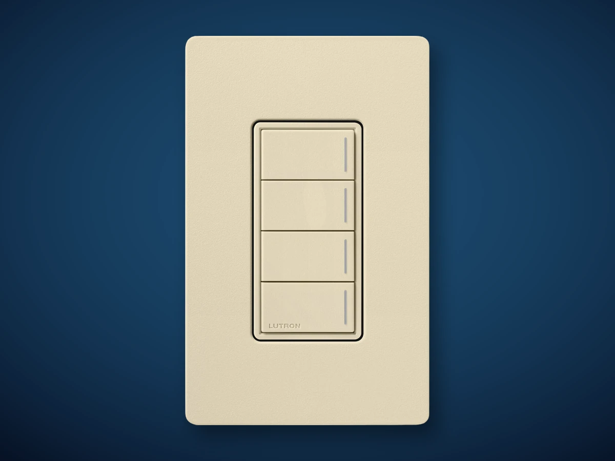 Lutron RadioRA 3 Sunnata four-button keypad on a navy studio background