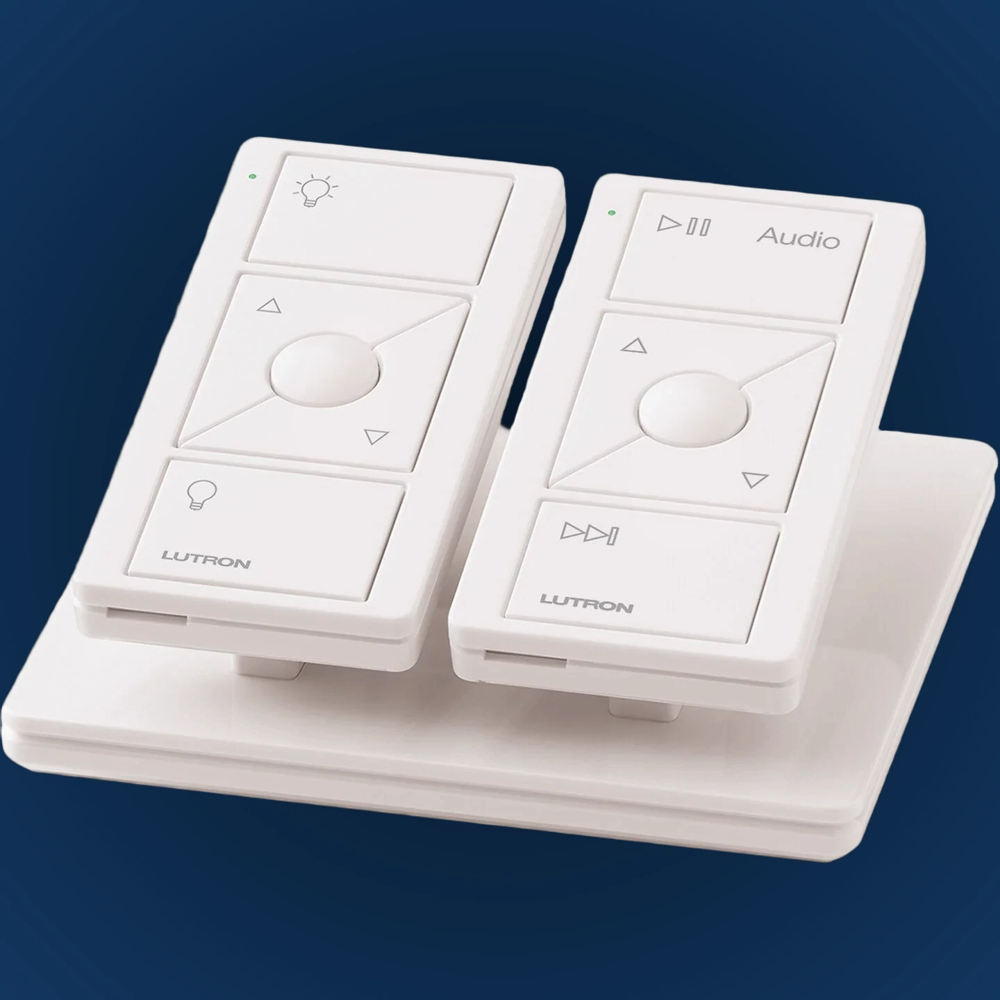Two Lutron Pico controls in a tabletop pedestal